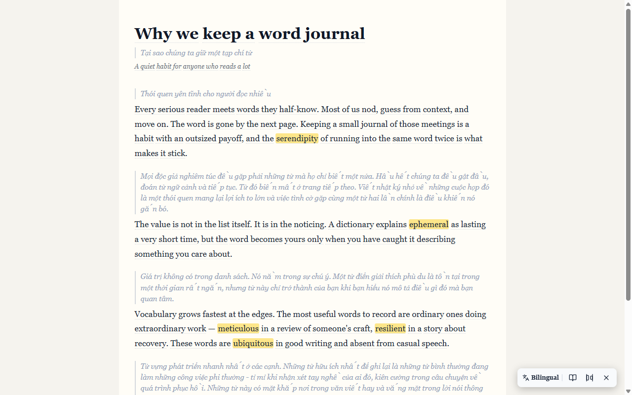 The same article rendered in bilingual reading mode: original text next to its translation