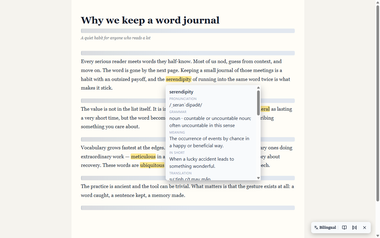 Saved words highlighted on a page, with the Vocab hover card showing meaning and pronunciation